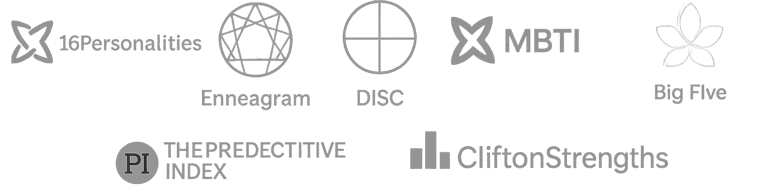 Trusted assessment frameworks including 16Personalities, Enneagram, DISC, MBTI, Big Five, Predictive Index, and CliftonStrengths